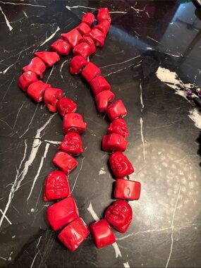 Red Coral Buddha Face Chunky Necklace